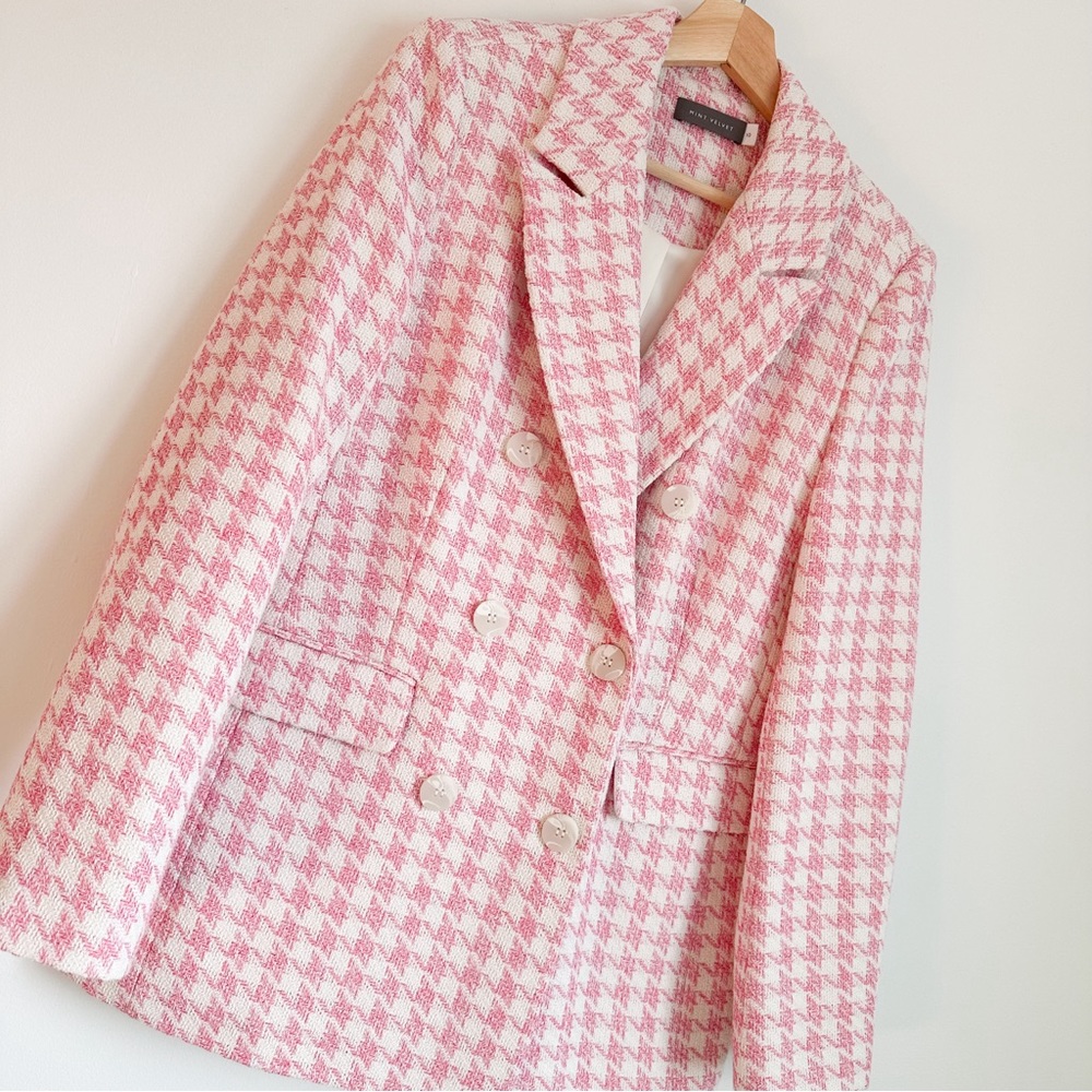 • NWOT! • Mint Velvet coton blend pink and white houndstooth blazer - Picture 9 of 11